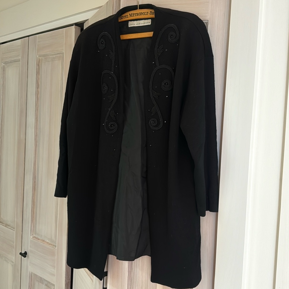 Vintage Paul Alexander wool duster from 1980s with black cording and beadwork